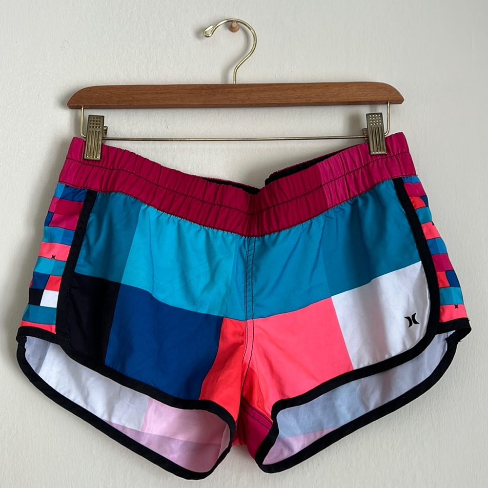 Hurley board shorts - neon pink and blue squared pattern